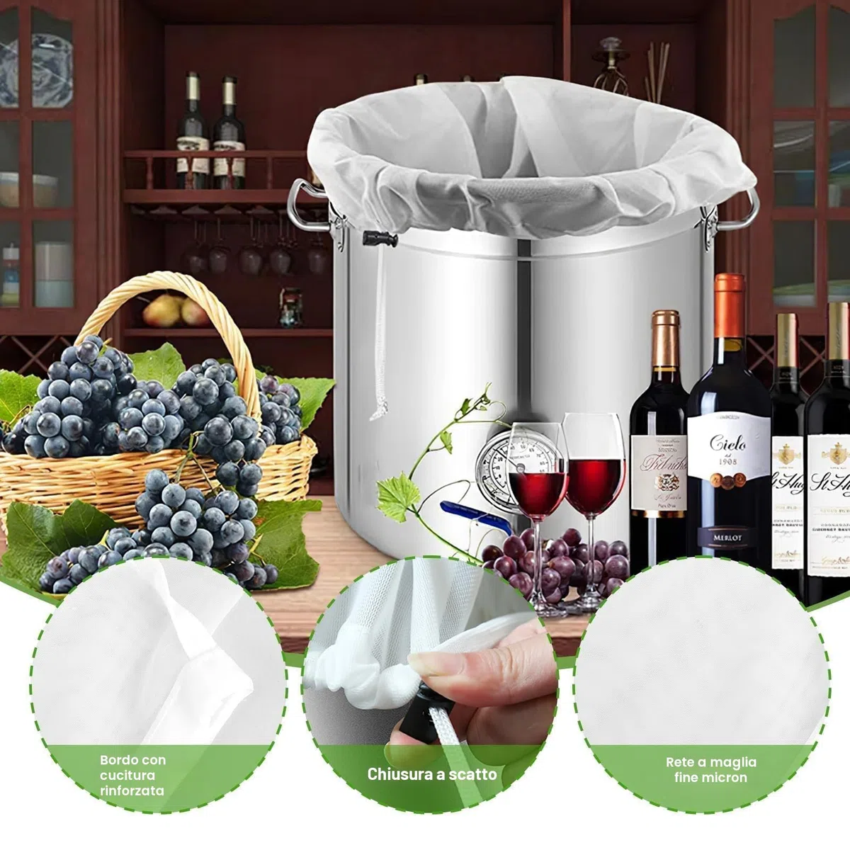 Sacchetto Filtrante Riutilizzabile 40x46 cm, Sacchetti Filtranti per Alimenti con Coulisse, Filtri per Liquori per Birra e Latte Vegetale, Sacchetti per Birra Filtranti per Vino, Caffè e Yogurt (1)