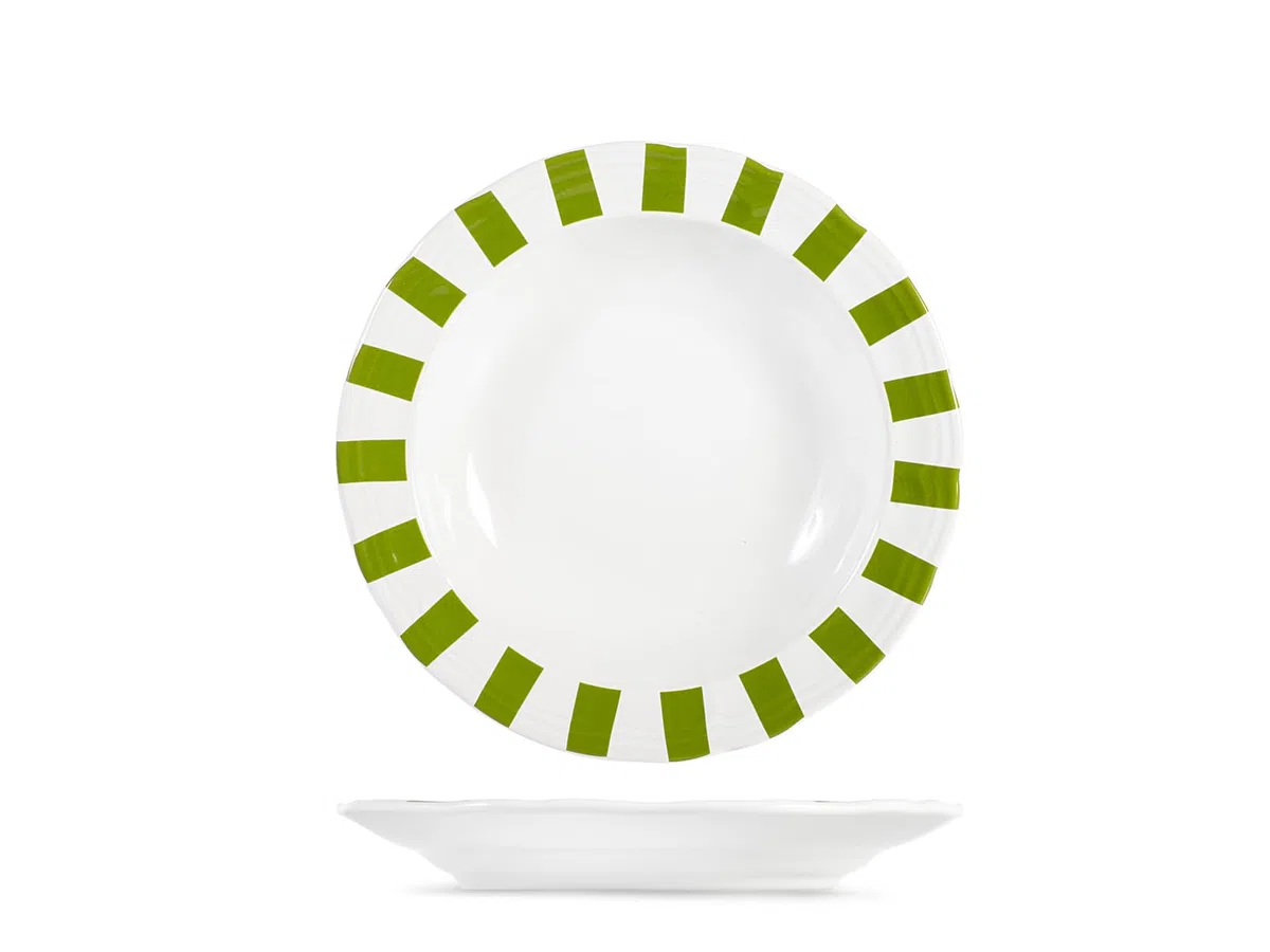 H&H Set 6 Piatti Fondi Smeraldo in Stoneware – Ø 20 cm – Decorazione Righe Bianche e Verdi – Lavabili in Lavastoviglie e Utilizzabili in Microonde