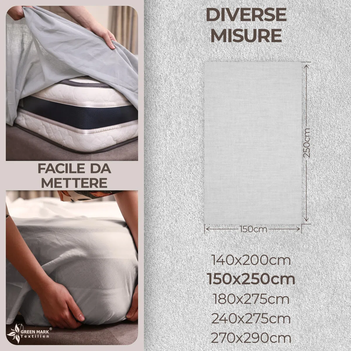 GREEN MARK Textilien lenzuolo piano 100% cotone – Lenzuolo classico senza elastico, morbido sulla pelle, facile da mantenere, lavabile ad alta temperatura - Grigio Argento - 150 x 250 cm
