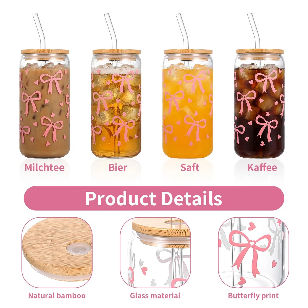 Bicchiere con Cannuccia e Coperchio, 16 oz Tazza di vetros, bicchiere vetro con cannuccia, tazza vetro, tazze con fiocco rosa, bicchieri acqua vetro per bubble tea, acqua, cocktail, regali