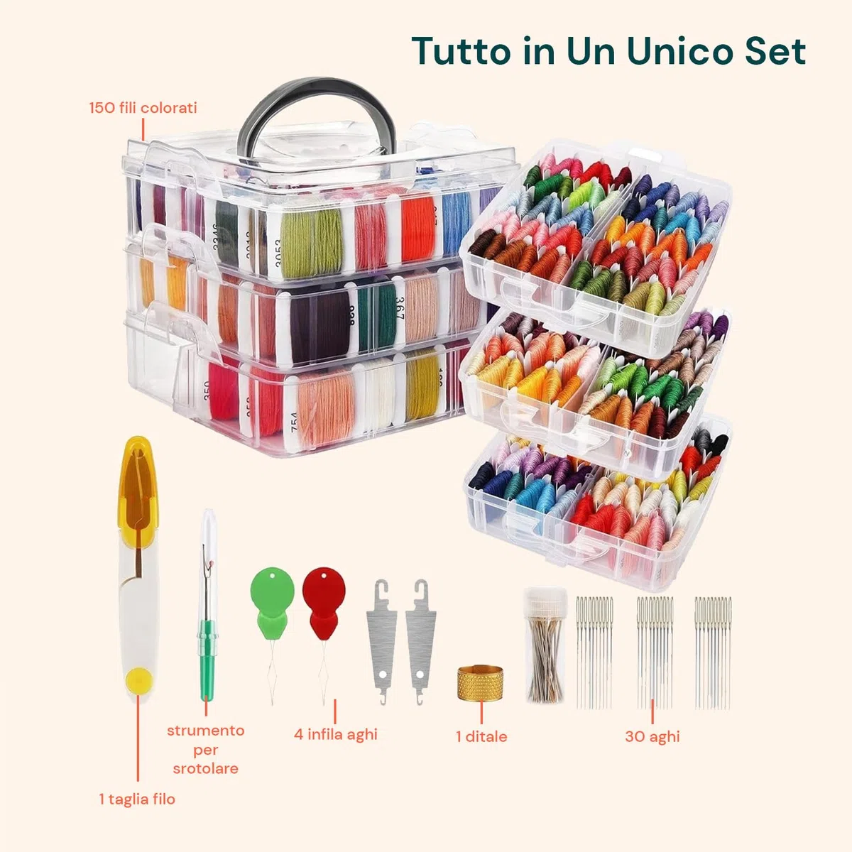Avilia Kit Ricamo Completo - 150 Fili Colorati Già Avvolti - Organizer 3 Livelli 6 Scomparti - Aghi, Infila Aghi, Accessori Punto Croce Inclusi - Set DIY Braccialetti Amicizia Adulti e Bambini