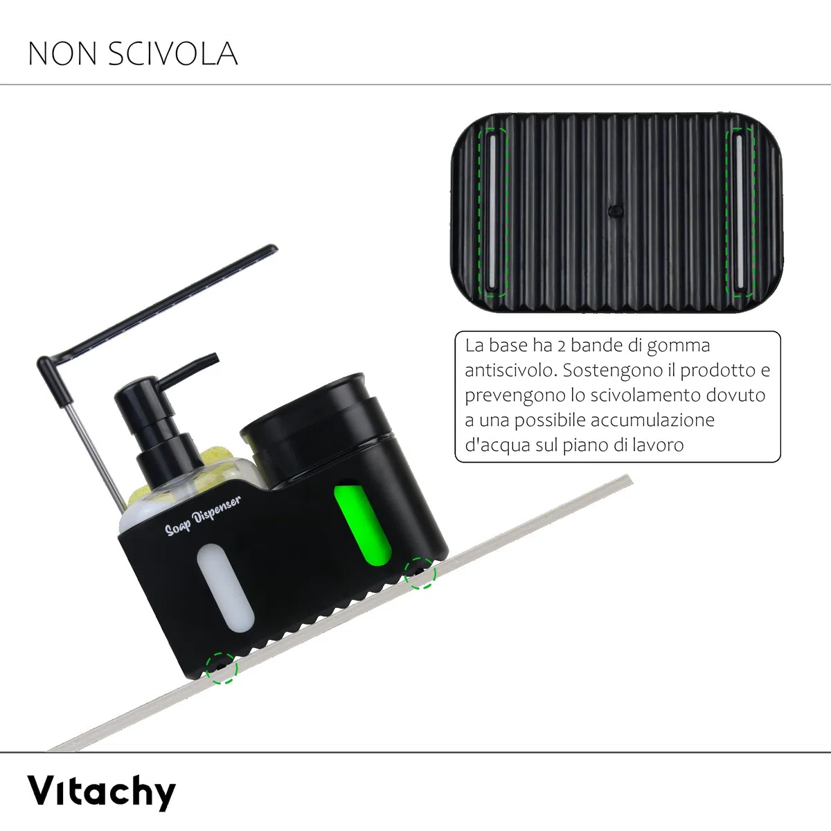 Dispenser Sapone Cucina Nero con Dosatore per Lavastoviglie e per Sapone per Mani. Organizzatore per Lavello con Supporto in Spugna Dish Soap Dispenser for Kitchen