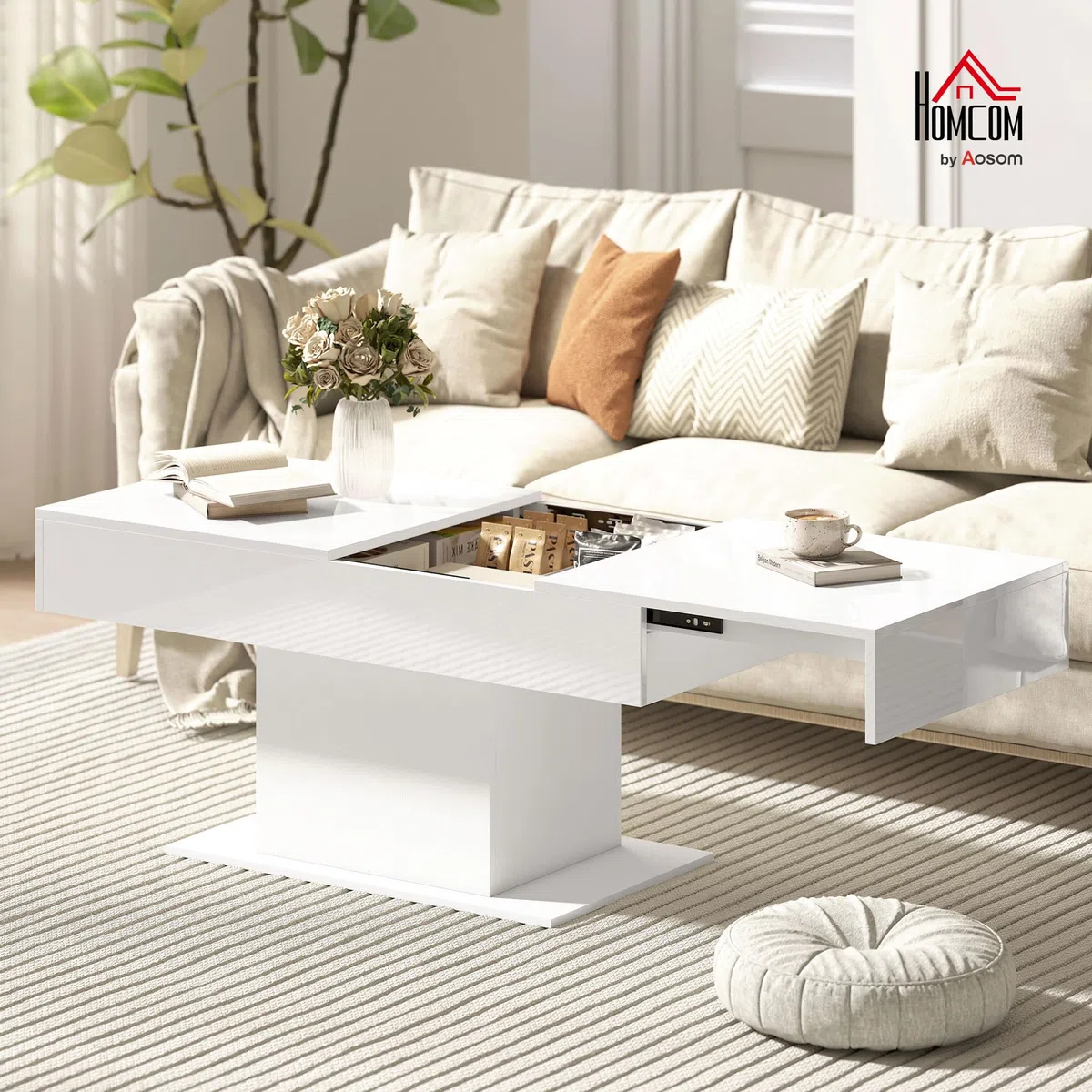 HOMCOM Tavolino da Caffè Estensibile con Vano Contenitore, Tavolino Salotto Allungabile Moderno con Piedini Antiscivolo, Tavolo Soggiorno per Casa Ufficio, 108-178.5x53x49 cm, Bianco Lucido