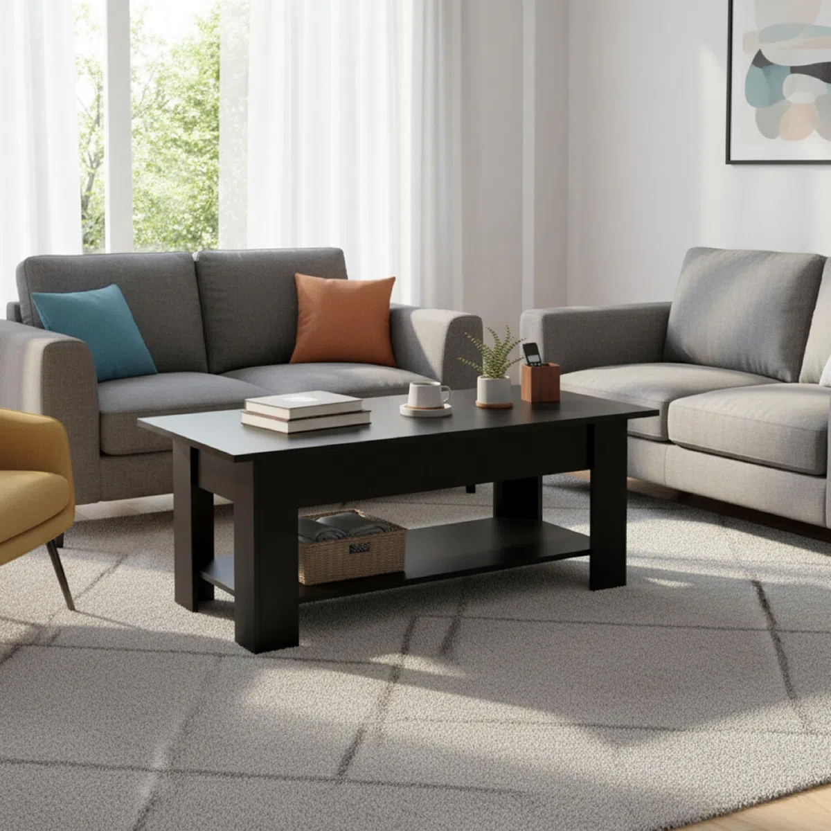 Baroni Home Tavolino da Caffè con Piano Sollevabile, Contenitore Interno, Tavolino Nero da Salotto Moderno con Ripiano, Tavolo Salvaspazio per Soggiorno, 100x40x41,5 cm