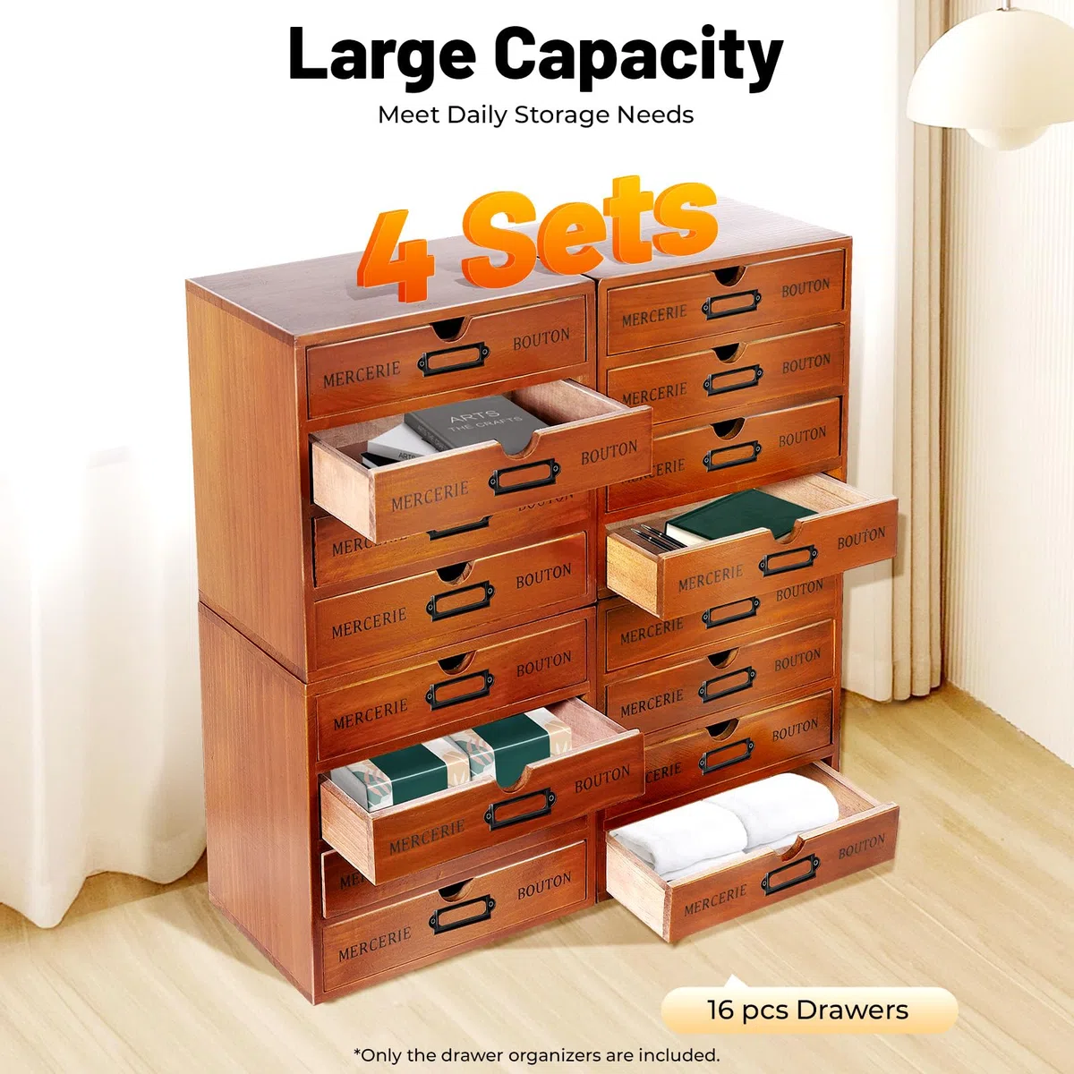 Organizer per cassetti, organizer in legno, set da 4 pezzi, 16 cassetti, contenitore per cassetti, impilabile, salvaspazio, per cosmetici, gioielli, documenti