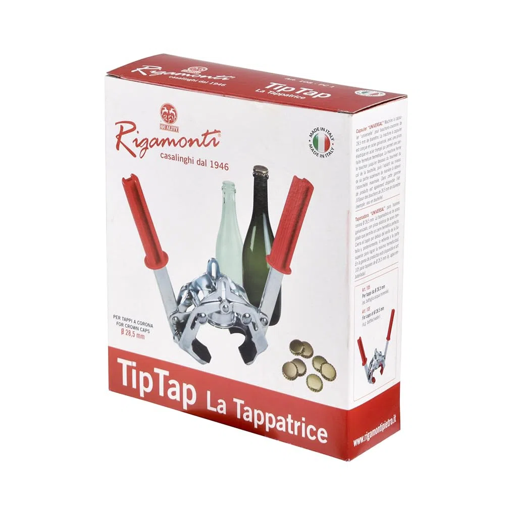 Rigamonti Tip Tap tappatrice manuale per tappi a corona con diametro 28,5mm. Tappatrice ad uso casalingo o professionale per sigillare bottiglie in modo ermetico.