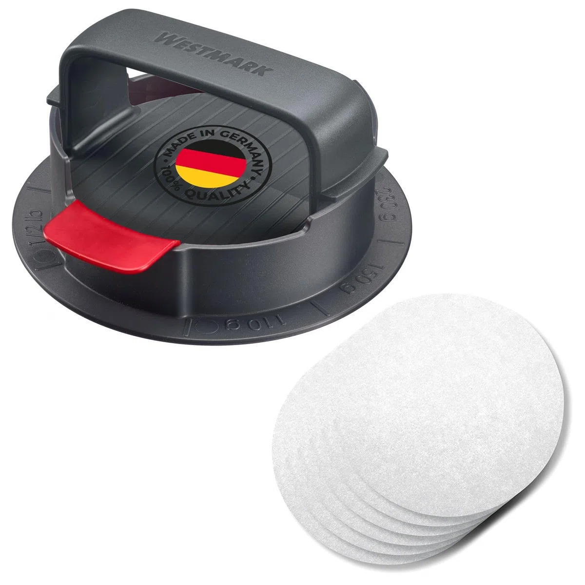 Westmark Hamburger Maker – leva per sollevare + 80 pz carta hamburger ø13 cm – Robusta pressa per hamburger per polpette, dimensioni regolabili, anche per hamburger veg