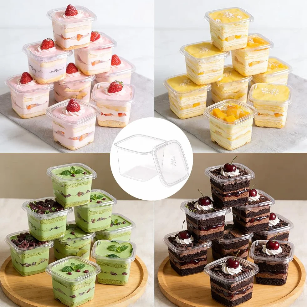 50 bicchieri da dessert rettangolari in plastica, con coperchio, 360 ml, trasparenti, con 50 cucchiai, riutilizzabili, in plastica quadrata per dessert, mousse, tiramisù