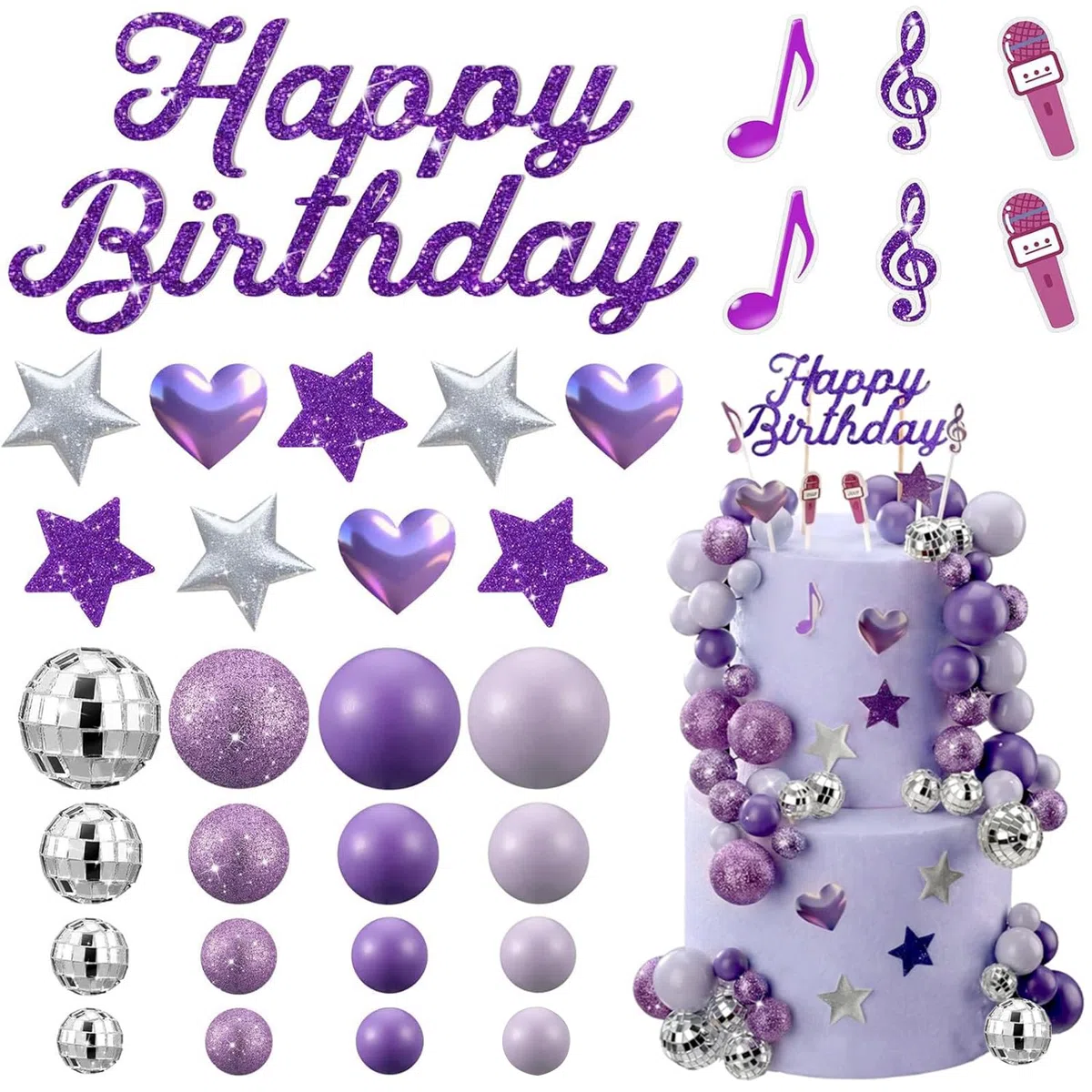 32pcs Discoteca decorazioni Torta Compleanno Tema Musicale, Decorazioni per Torte, Decorazioni Torta Deco Chitarra Nota Musicale Sfera a Specchio Decorazione, Decorazione Torta Compleanno