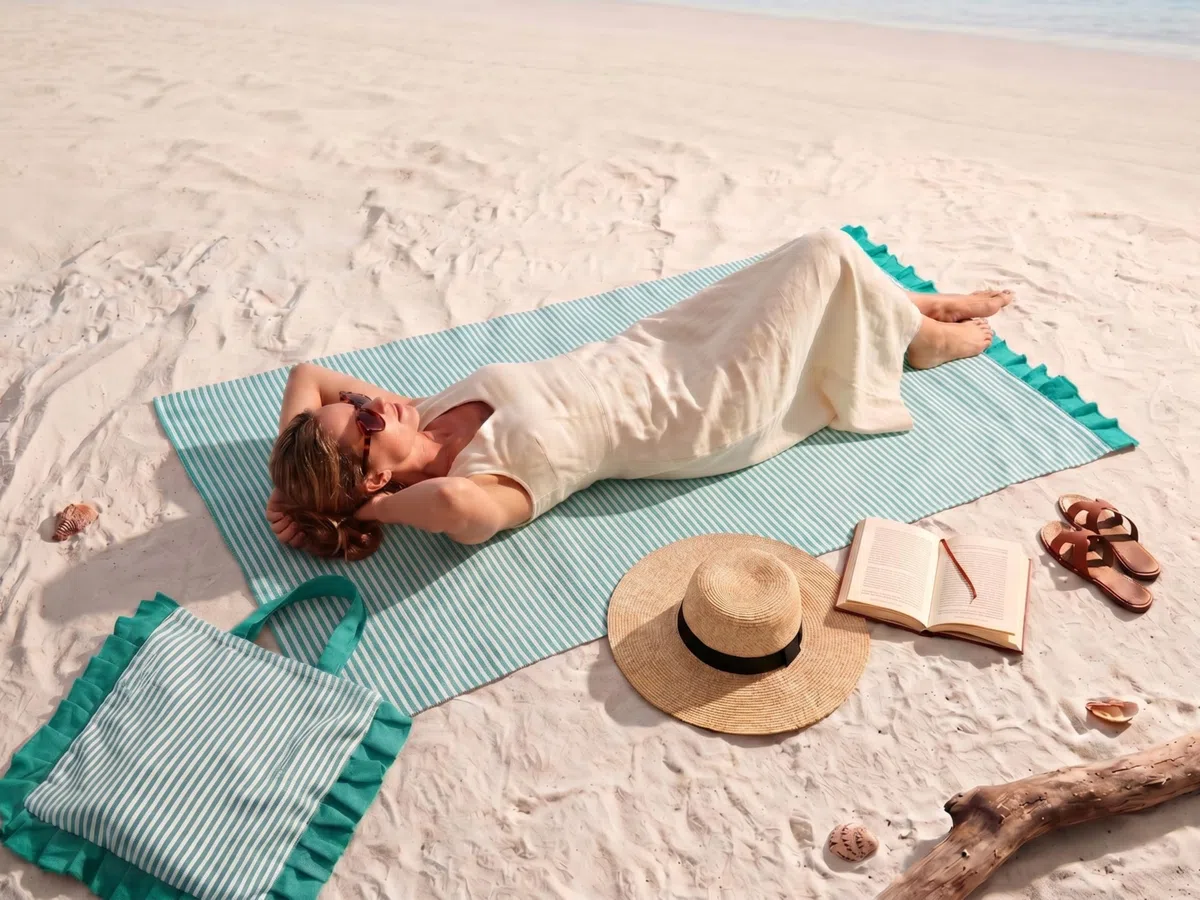 o-day Telo Mare Cotone Leggero con Frill 180x80cm Asciugamano Mare con Borsa Coordinata Set Spiaggia Elegante a Righe (Tiffany)