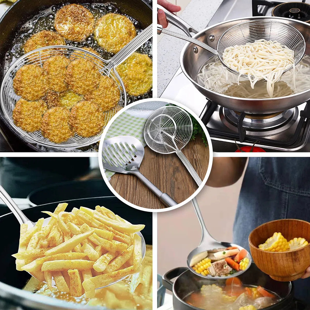 TENTA Cucina Multi Utensile da Cucina in Acciaio Inox Skimmer scanalato Turner Pesce Spatola Cucchiaio Colino Filtri Scolo Cucchiaio Mestolo Ragno Colino Schiumatore Mestolo per Cottura e Frittura