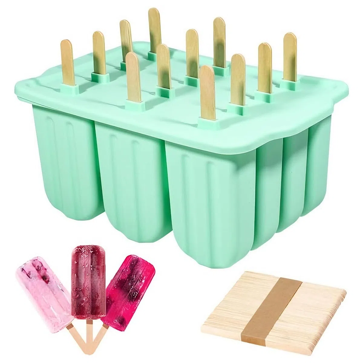 Stampi per ghiaccio in silicone, 12 stampi per ghiaccio con 50 bastoncini di legno, stampi per ghiaccio per gelato senza BPA Produttore di gelato per bambini adulti stampi per gelato stampo per gelato