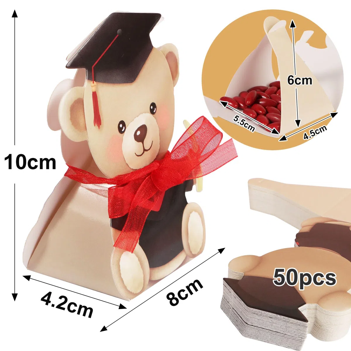 50pz Bomboniere Laurea Portaconfetti Scatoline Rosso Portaconfetti Forma Orsetta Laurea Nastro Scatole Carta Regalo Decorazione Laurea Confetti