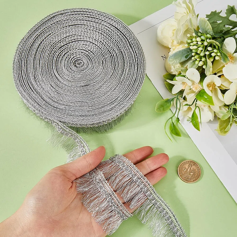GORGECRAFT 15Yds Frange Argento Nappa Finitura In Pizzo Metallico Nastro con Nappa 32mm Largo Glitter Bordo Intrecciato Rifinitura per Fai Da Te Cucito Artigianato Abbigliamento Tende Tovaglia Gonna