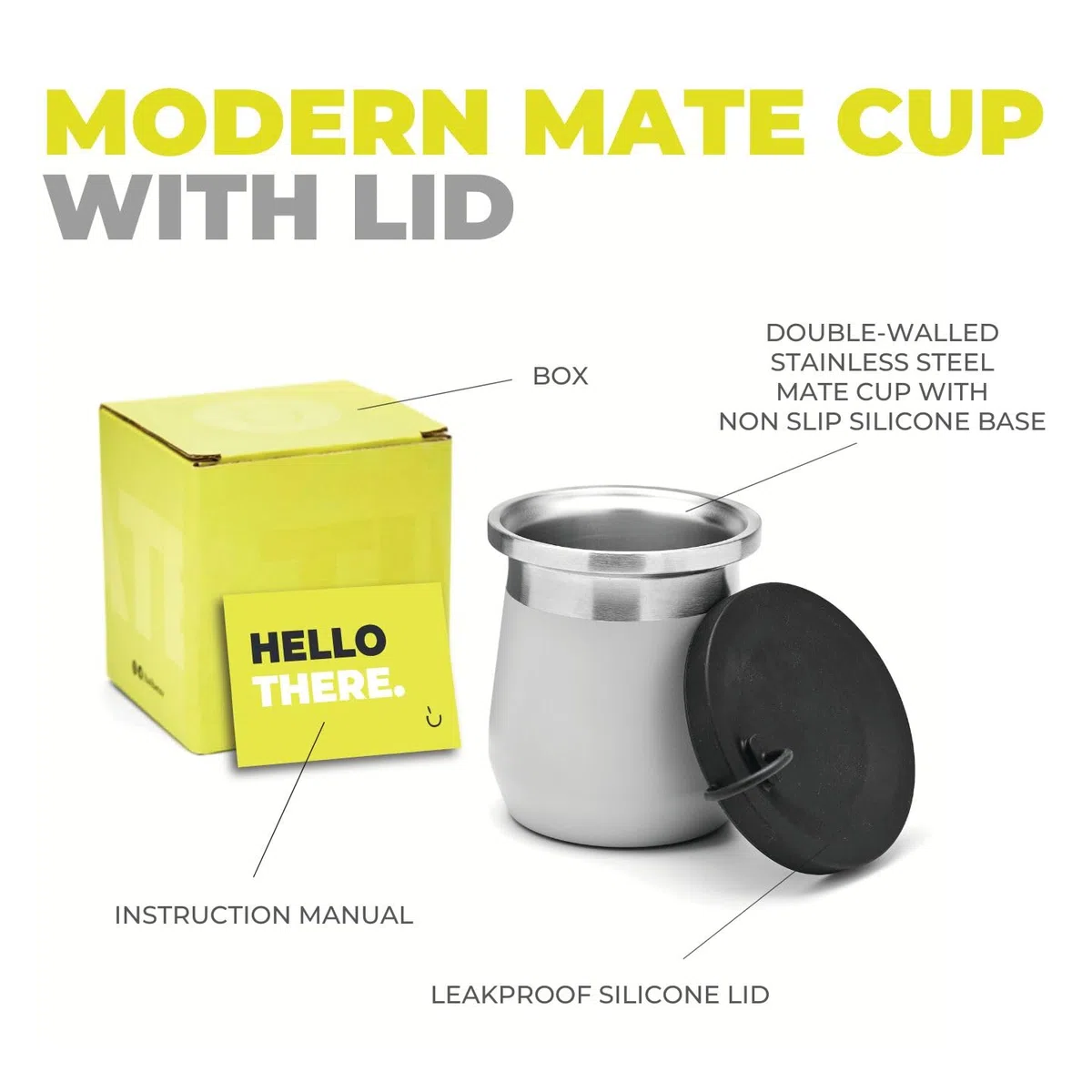 BALIBETOV Yerba Mate Zucca - Tazza Yerba Mate in acciaio inox con isolamento a doppia parete, base antiscivolo, coperchio in silicone a prova di fuoriuscite - Mate Argentino - Mate Tazze (Grigio)