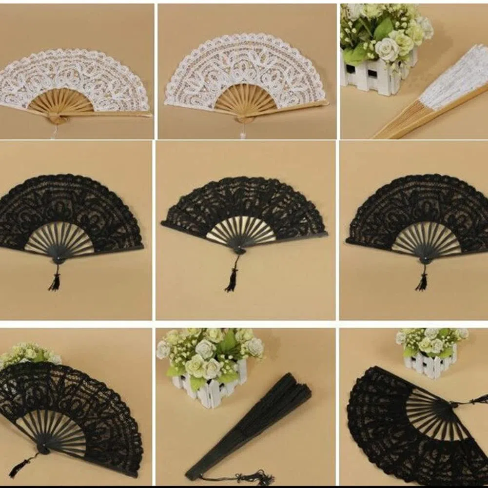 Scomparti in pizzo con fiori ricamati in pizzo, pieghevoli, in bambù, realizzati a mano, vintage, per matrimoni, feste, beige