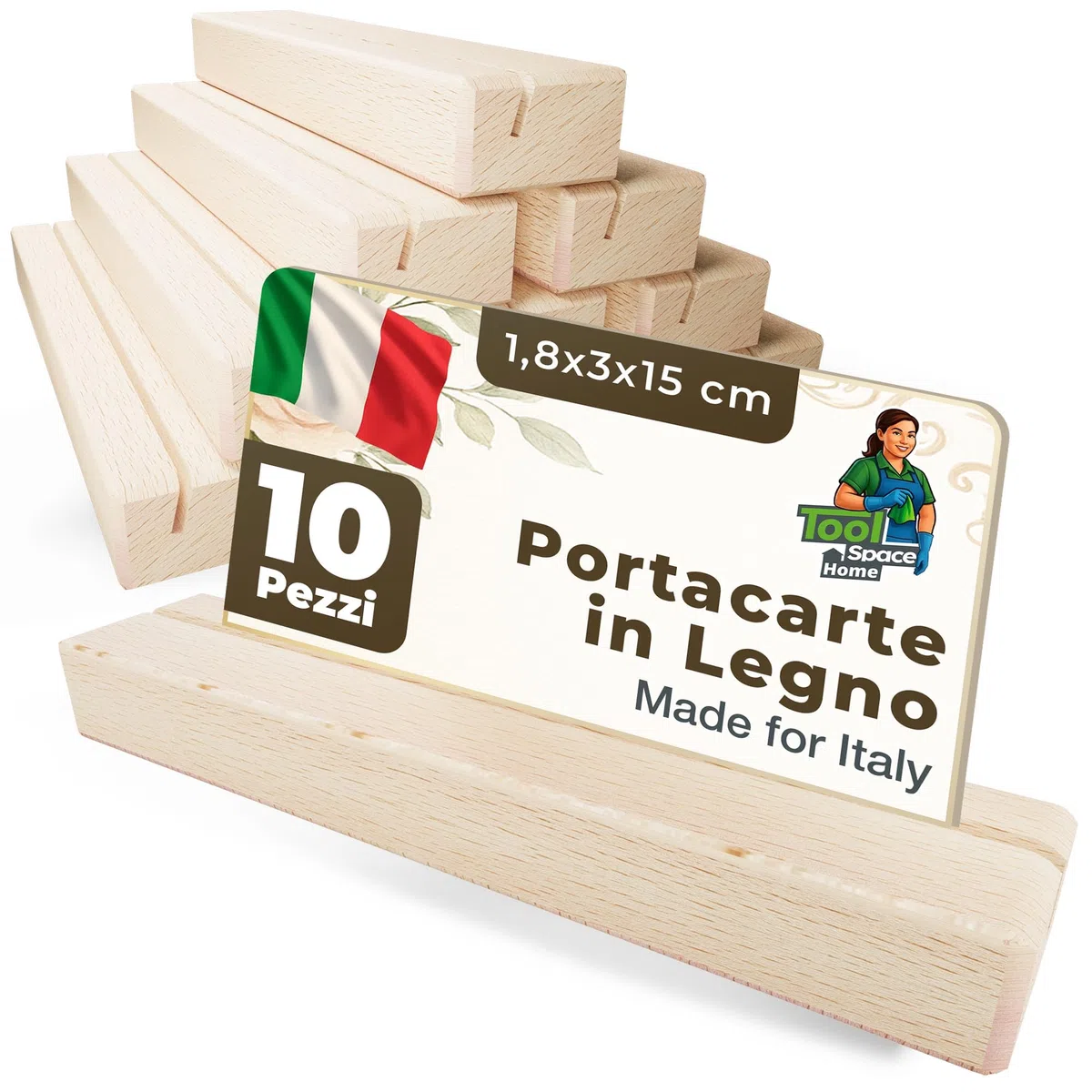 ToolSpace 10x Portacarte in Legno Segnaposto in Legno di Faggio Porta Menu da Tavolo Portacarte di Posizione per Ristoranti Matrimoni Banchetti Celebrazioni Accessori per Feste 15x3x1,8 cm A4-Style
