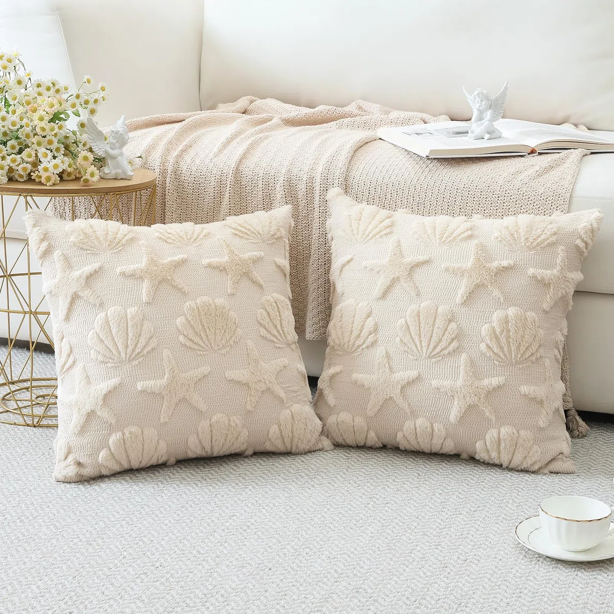 Artscope 2 Pezzi Stella del Mare e Conchiglie Federe in Lana Corta Velluto Copricuscini Morbido Decorativo Fodere per Cuscino Vacanza Stile per Divano Camera da Letto Beige 40x40 cm