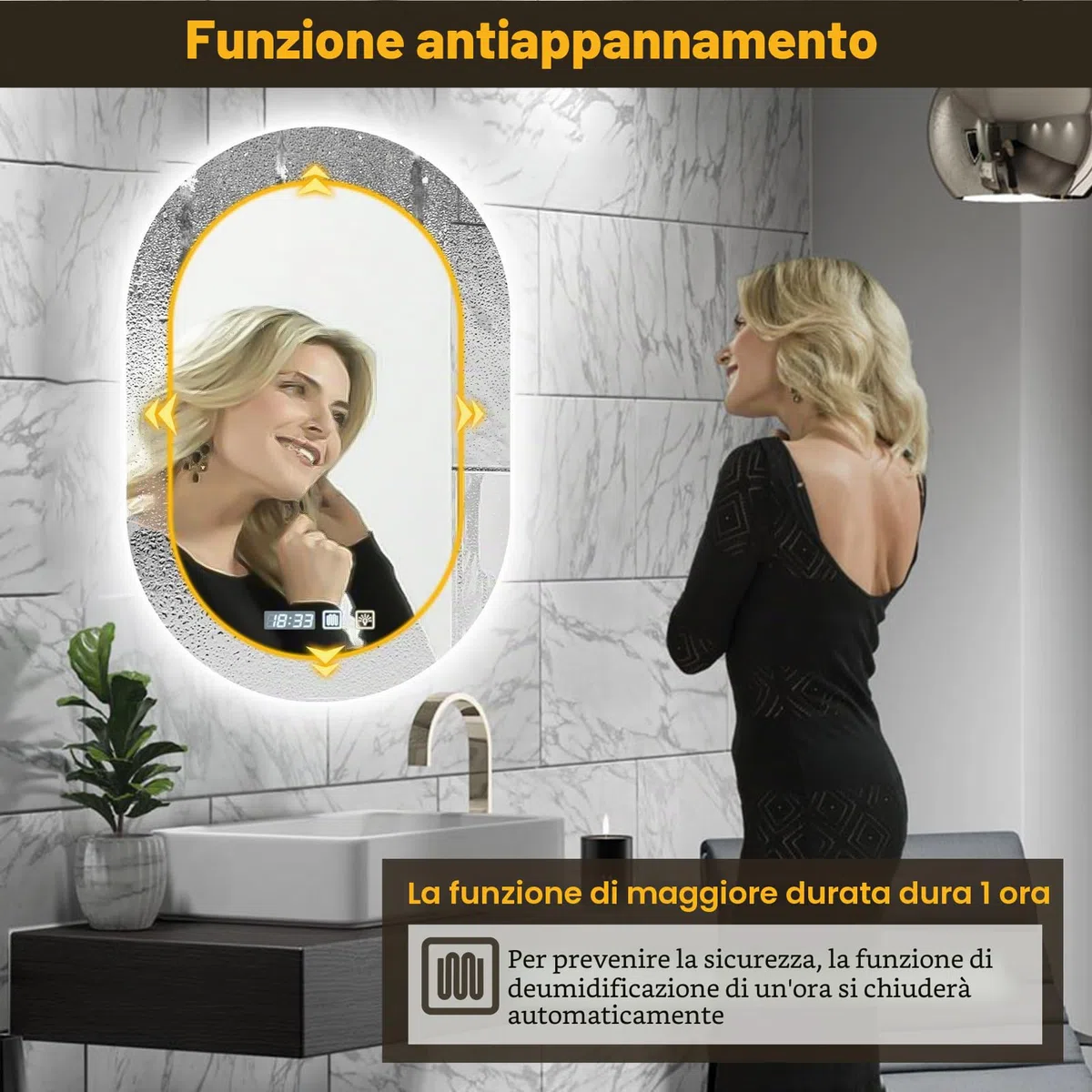 Viugreum Specchio da bagno con illuminazione 50x75cm, Specchio da bagno ovale a LED, Dimmerabile 3 colori della luce, Antiappannamento, Orologio, Interruttore touch, Specchio da bagno LED con