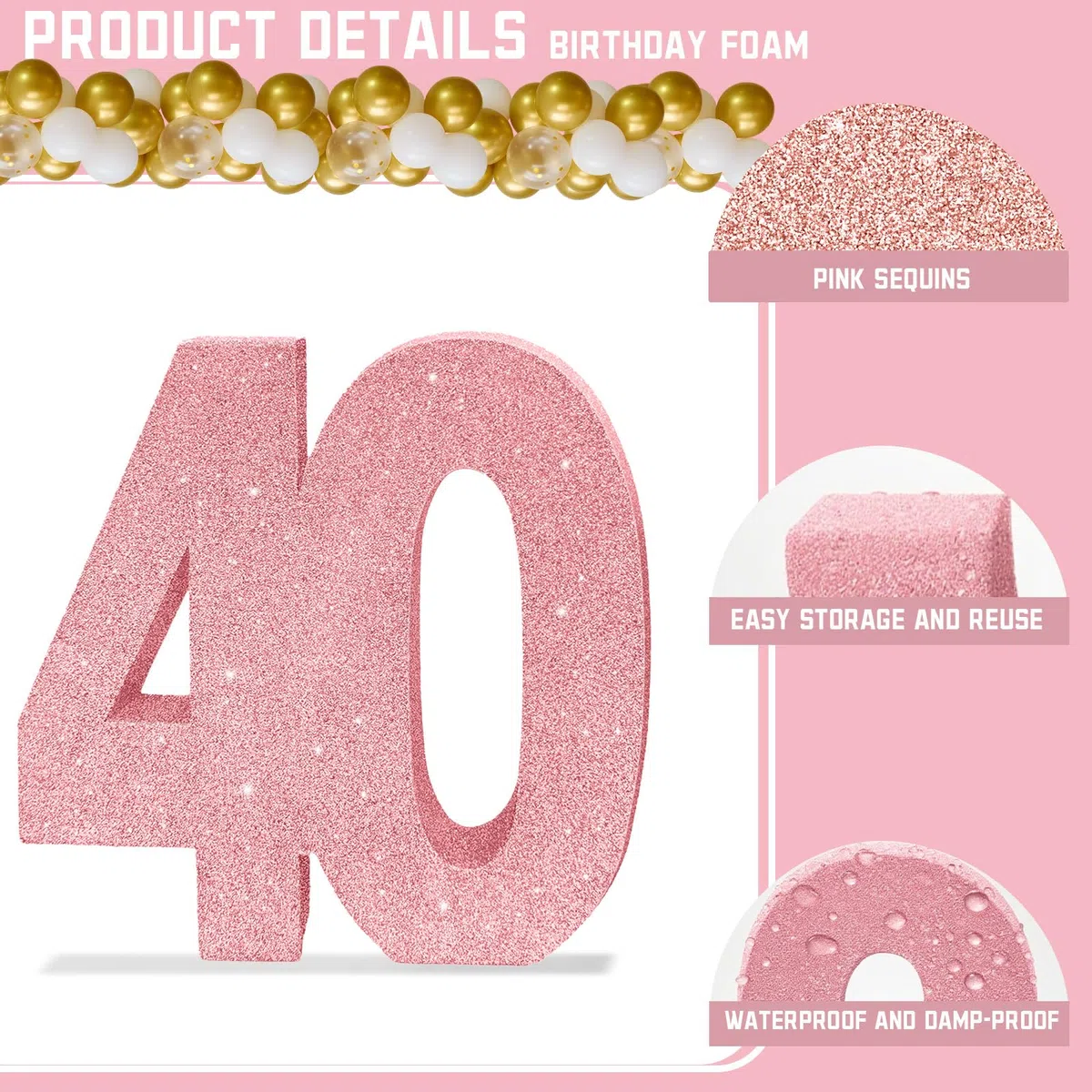 Numero 40 - Decorazione Centrotavola Glitterata Rosa, Decorazioni da Tavolo per il 40° Compleanno per Donne, 20 cm, Scintillante Numero 40 Topper da Tavolo per Decorazioni da Tavolo per Compleanno