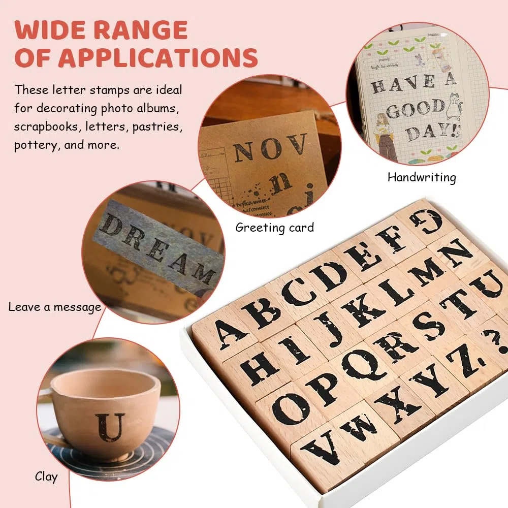 Set Timbri Lettere e Simboli Alfabeto, 28 Timbri a Forma di Lettere in Legno e Gomma con 26 A-Z e 2 Simboli Lettere Timbri Set Vintage Timbro in Legno per Scrapbooking, Fai-da-Te, Cartoline