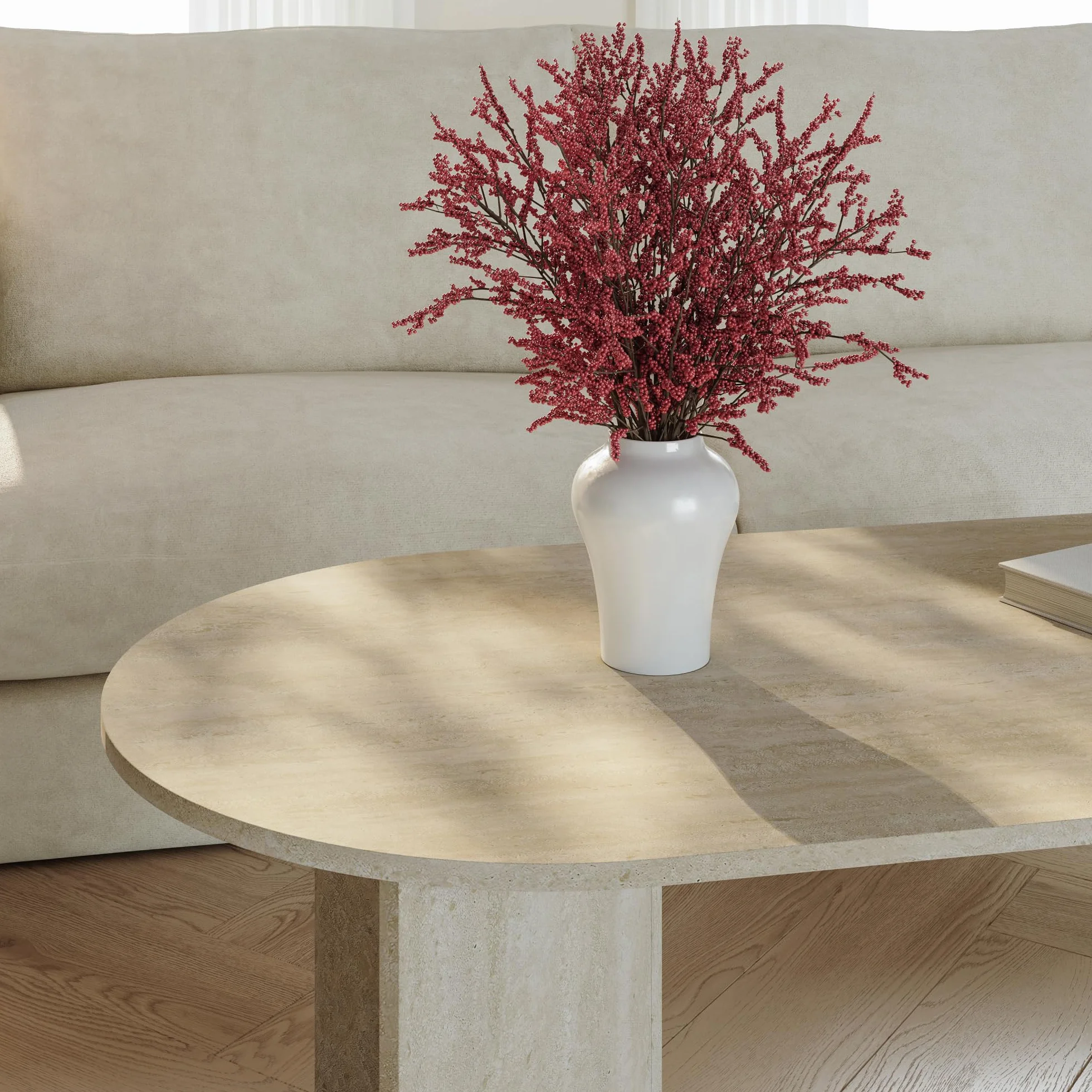 [en.casa] Tavolino da Salotto con Piano Ovale Tavolo Basso Centrale da Caffè per Soggiorno Zona Living Studio Sala d'Attesa 119 x 60 x 40 cm - Color Avorio Travertino