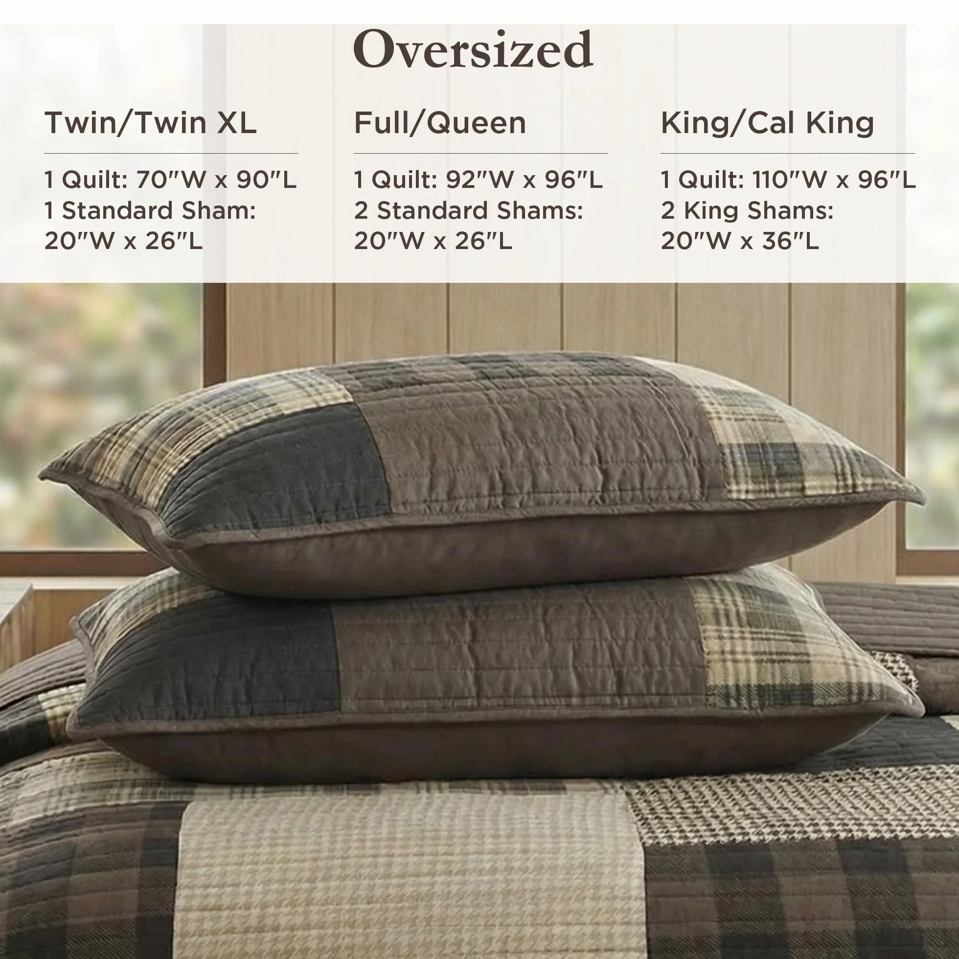 WOOLRICH Set trapunta Cottage Styling Reversed to Tinta Unita, Cotone, Plaid Tan, Oversize Cal King