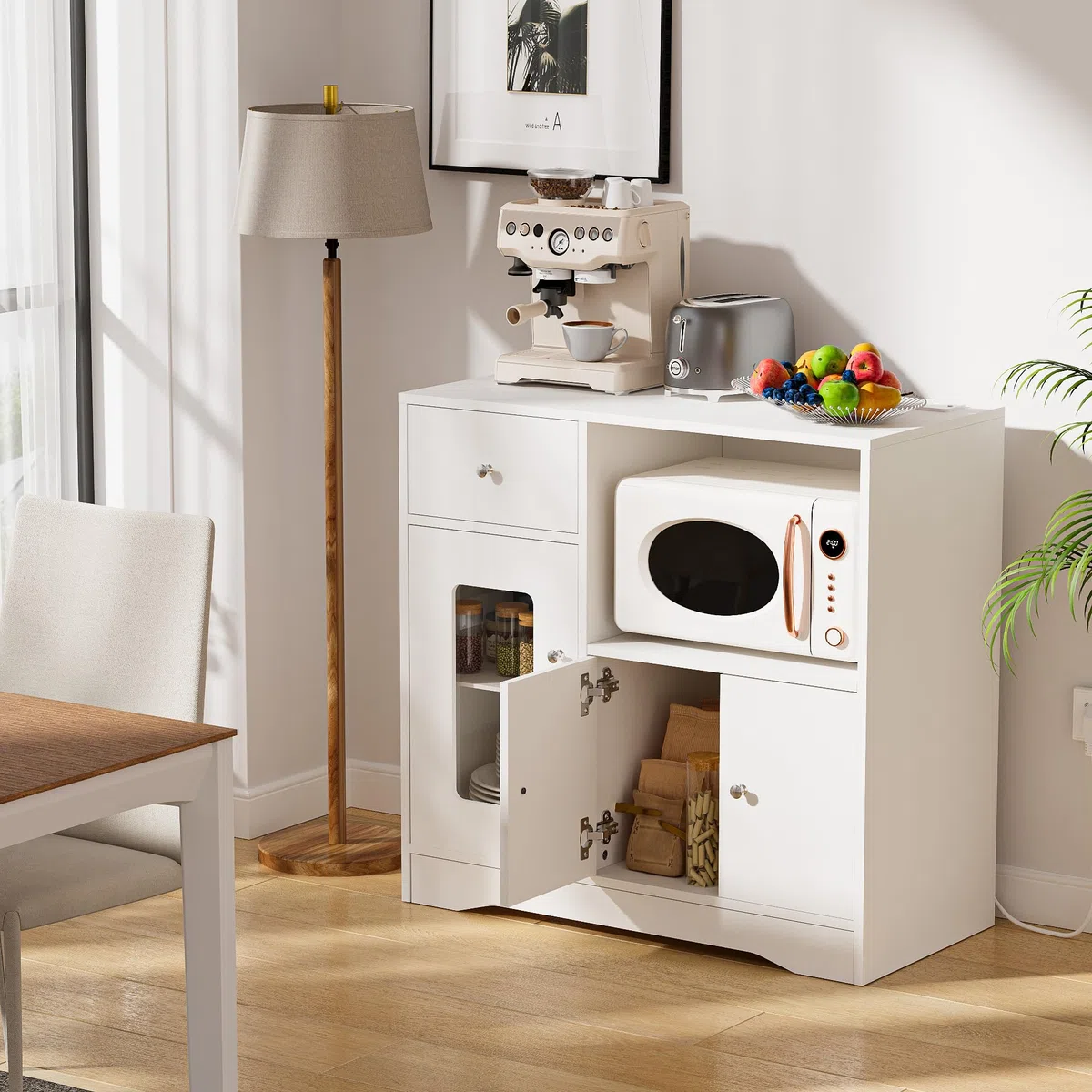 Credenza Cucina con Presa Mobile Cucina per Microonde Buffet con 1 Cassetti e 2 Armadietti Credenza Buffet 83x40x80 cm per Soggiorno Sala da Pranzo Ingresso, Bianco