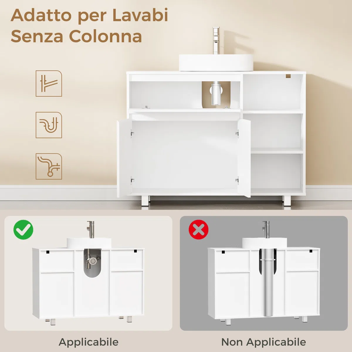 BEWISHOME Mobile Sottolavabo per Bagno,Mobile da Bagno, 1 vano Portaoggetti Nascosto, 2 Ante, 3 Ripiani Regolabili Aperti, con Gambe, 90 x 64.5 x 30 cm, Bianco EYSG02W