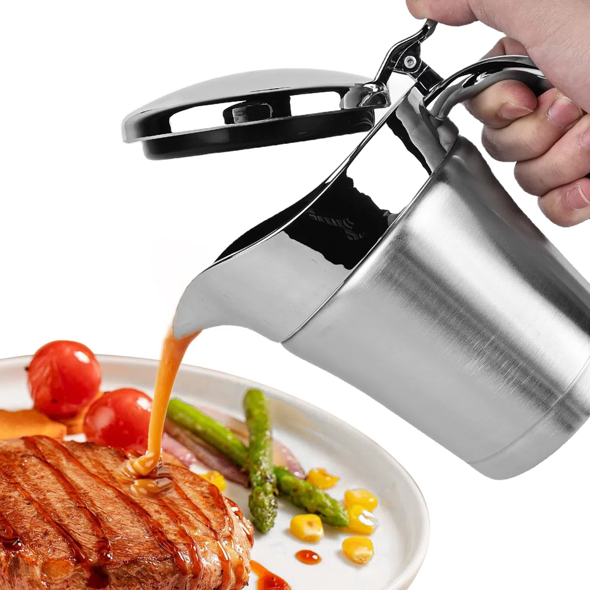 Salsiera termica in acciaio inox, con coperchio ribaltabile, 750 ml, ciotola per salsa in argento, doppio isolamento, vaso per salsa termica, posacenere per crema alla vaniglia, salsa maionese, latte