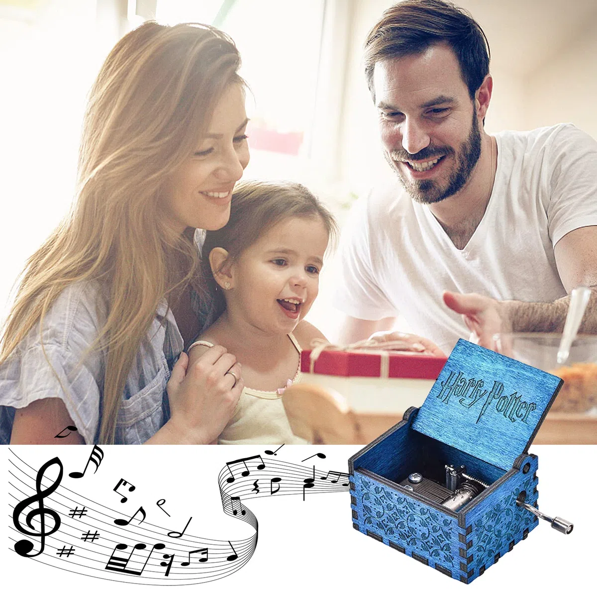 Qazuwa Scatole Musicali in Legno Intagliate Carillon in Legno Regalo Carillon di Legno di Manovella Carillon a Manovella Vintage Antiquariato Idea Regalo per Compleanno Natale San Valentino (Blu)