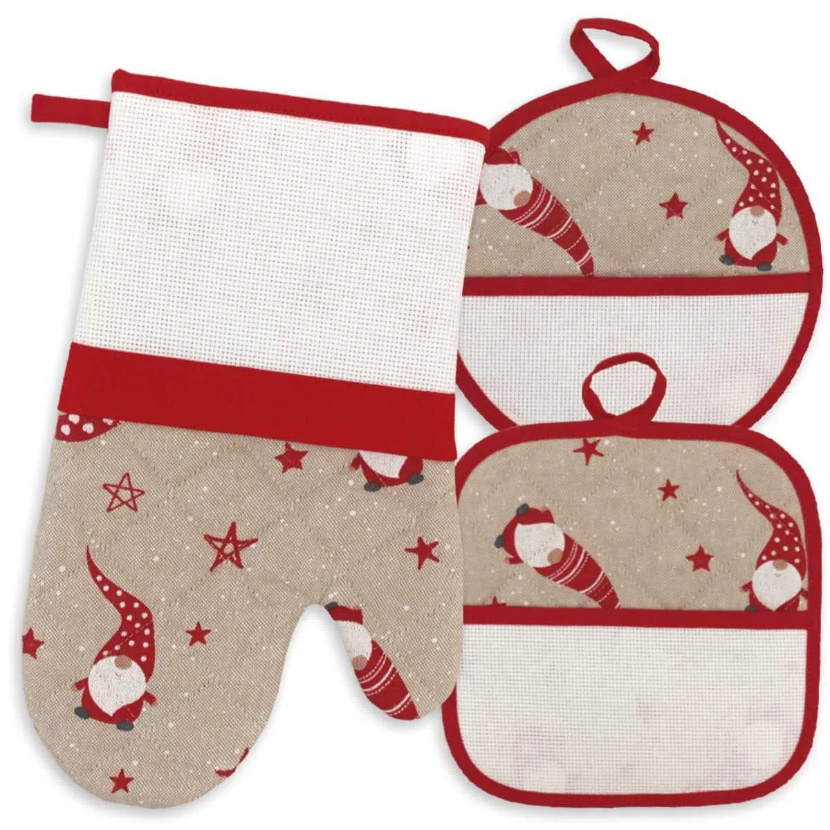 Guantone da Forno e Due presine da ricamare a Punto Croce, Tela Aida, Set Guanto e presine da Forno, Natale, Tessuto natalizio gnomi rossi