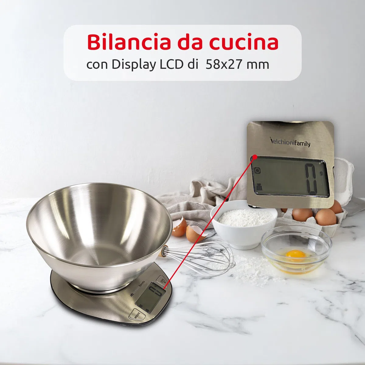 Melchioni Family | Bilancia Cucina Graal Digitale, Funzione Misurazione Tara, Portata Fino a 5 kg, Stainless Steel, Misurazioni Precise, Colore Metello.