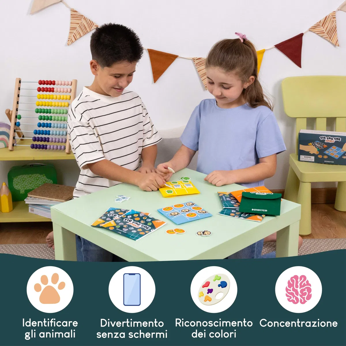 BONNYCO Tic Tac Toe Animali della Giungla, Pack 16 Gadget Compleanno Bambini. Mini Giochi, Regalini Fine Festa Compleanno Bambini. Regalino Fine Festa Invitati Persierini, Gioco Tris Giochini Scuola