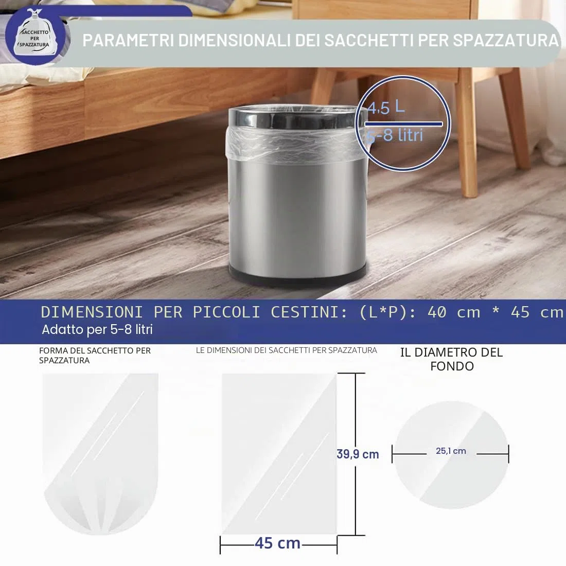 XUXRUS Sacchi piccoli Spazzaturaper 5 litri Sacchetti immondizia Riciclati per carichi pesanti,adatto per bagno,cucina, camera da letto (Bianche,200 pezzi)