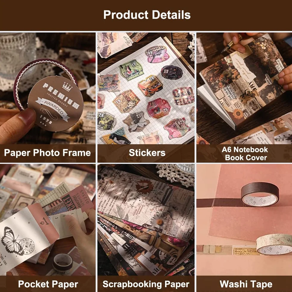 136 Pezzi Set di Accessori per Scrapbook Estetico, Bullet Journal Materiale Vintage, Kit Completo Journaling con Taccuino A6, Adesivi Scrapbooking per Album Diario