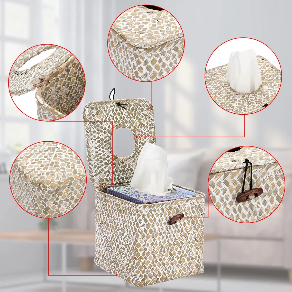 BTSKY Scatola per fazzoletti per il viso quadrata in legno di alghe – Porta fazzoletti decorativi in vimini per cucina, bagno, ufficio e hotel, imbiancatura