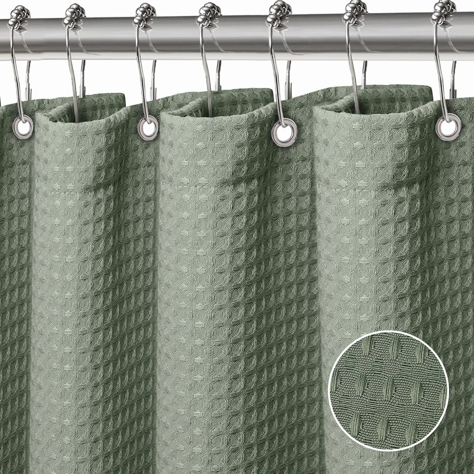 Waffle Tenda Doccia Tenda Vasca da Bagno Rigida Tessuto in Poliestere Lavabile in Lavatrice con 12 Anelli Impermeabile 90 x 183 cm(Verde)