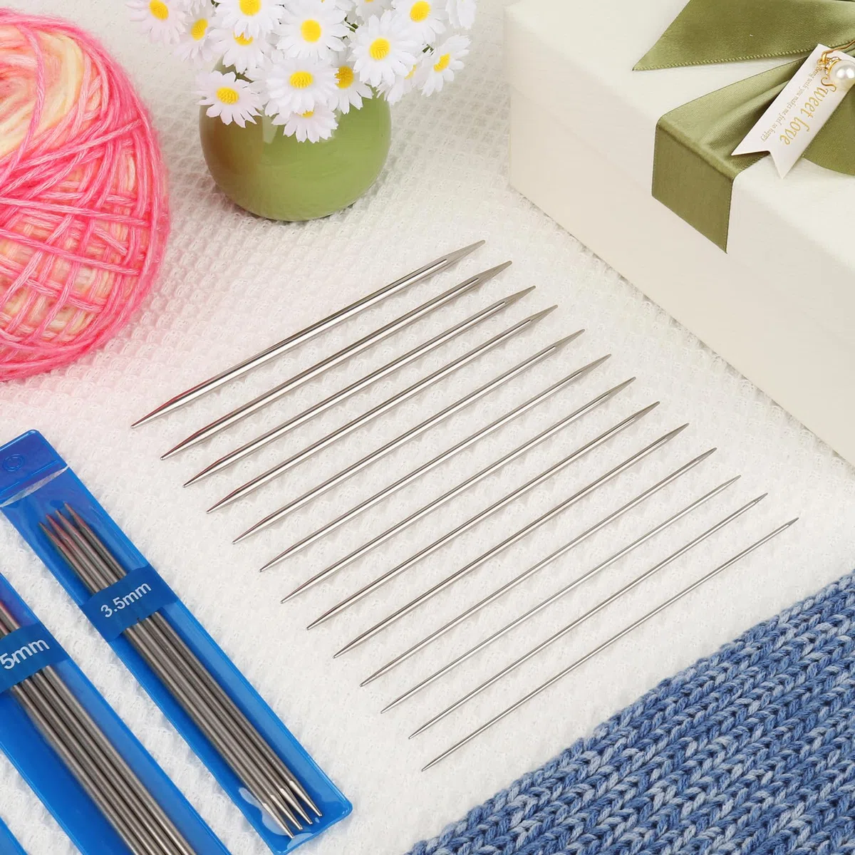 Coopay Set di ferri da maglia a doppia punta in acciaio inossidabile, 13 parr, 65 pezzi ferri da maglia corti e dritti da 15 cm per calzini e piccoli progetti, 1,5 mm - 5,0 mm
