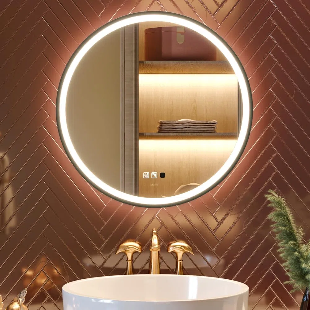 GANPE Specchio con sensore a LED, rotondo, a induzione del corpo umano, illuminato, dimmerabile, anti appannamento, impermeabile IP44, specchio da parete (60_x_60_cm)