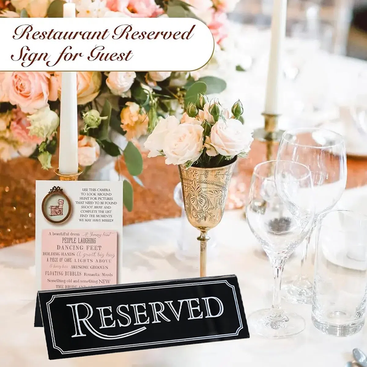 6 Pezzi Segnaposto Riservato, Cartello Riservato in Acrilico Segna Tavolo Nero Doppio Lato “Reserved” 15 x 5 cm per Matrimoni Ristoranti Banchetti