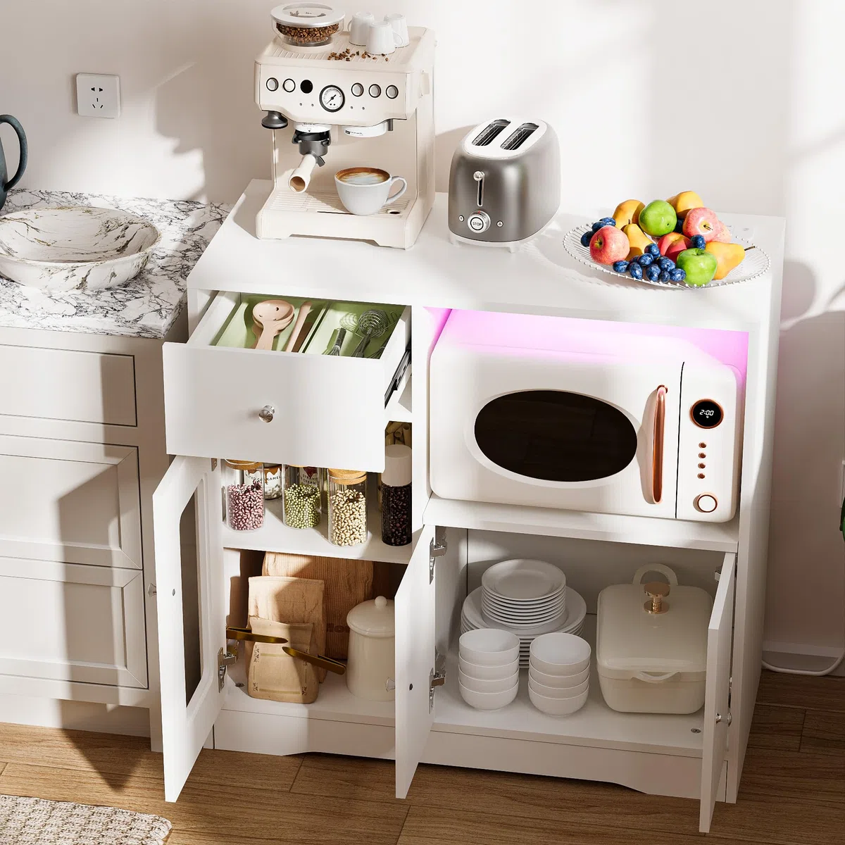 Credenza Cucina con Presa Mobile Cucina per Microonde Buffet con 1 Cassetti e 2 Armadietti Credenza Buffet 83x40x80 cm per Soggiorno Sala da Pranzo Ingresso, Bianco