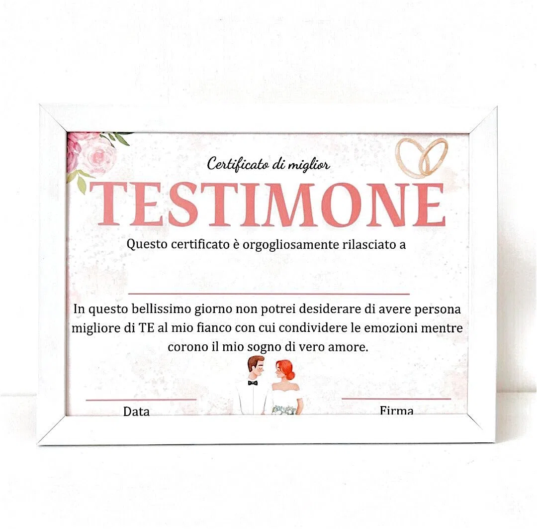 Diploma Miglior Testimone del Mondo con Cornice, Regalo Testimone di Nozze, Certificato di Miglior Testimone Personalizzato, Attestato Damigella (TESTIMONE F)