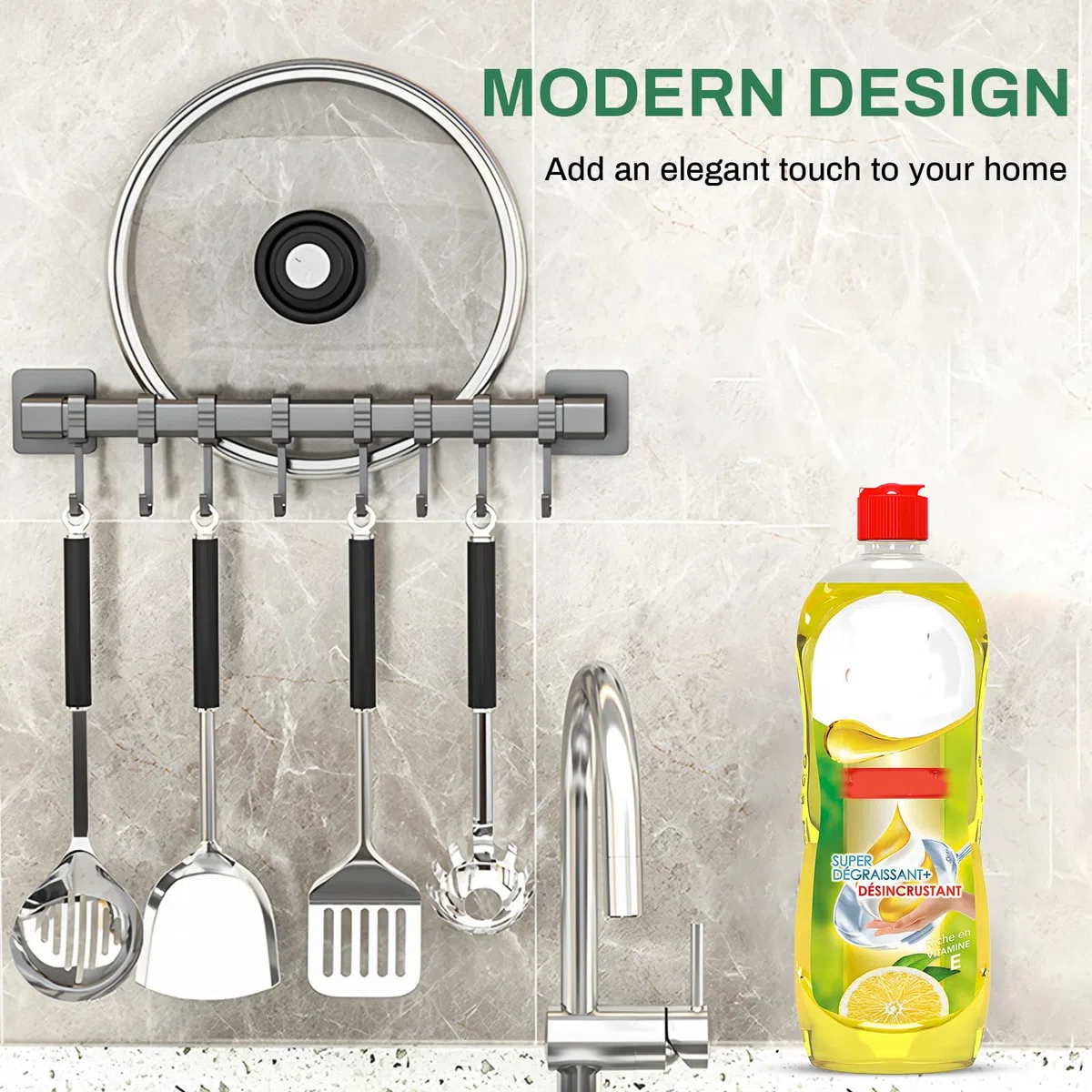 Porta Utensili da Cucina Autoadesivo con 8 Ganci Mobili,40cm Gancio da Parete Mobile Barra Portautensili Cucina,Barra Portautensili Cucina per Pentole,Portacoltelli