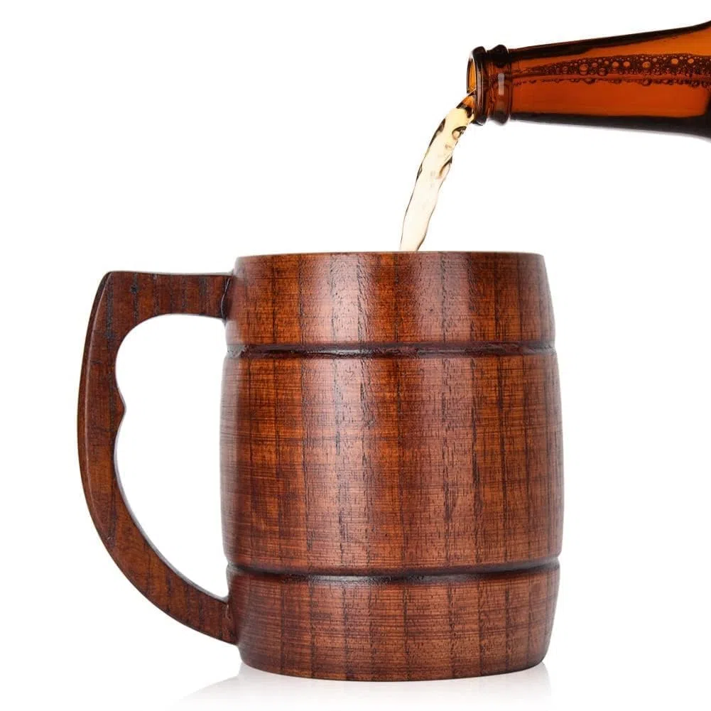 Agatige Grande Boccale Di Birra in Legno, Marrone a Forma Di Barile Retrò Tazza Da Bere Boccale Da Tè Vichingo Boccale Birra Boccale Medievale Con Manico per Uomini Donne Casa Bar Festa, 8,5 X 14 Cm