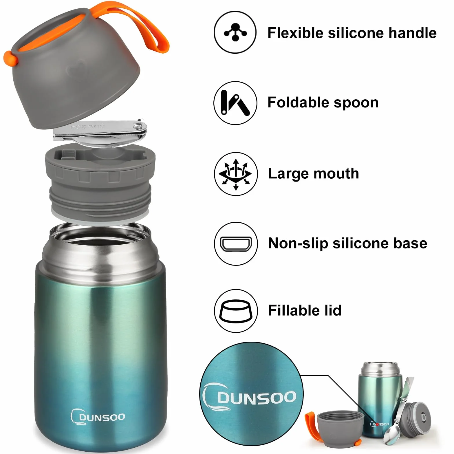 DUNSOO Contenitore termico per alimenti, 650 ml, in acciaio inox, con cucchiaio pieghevole, ideale per conservare zuppe, porridge, gelato e yogurt (verde, 650 ml)