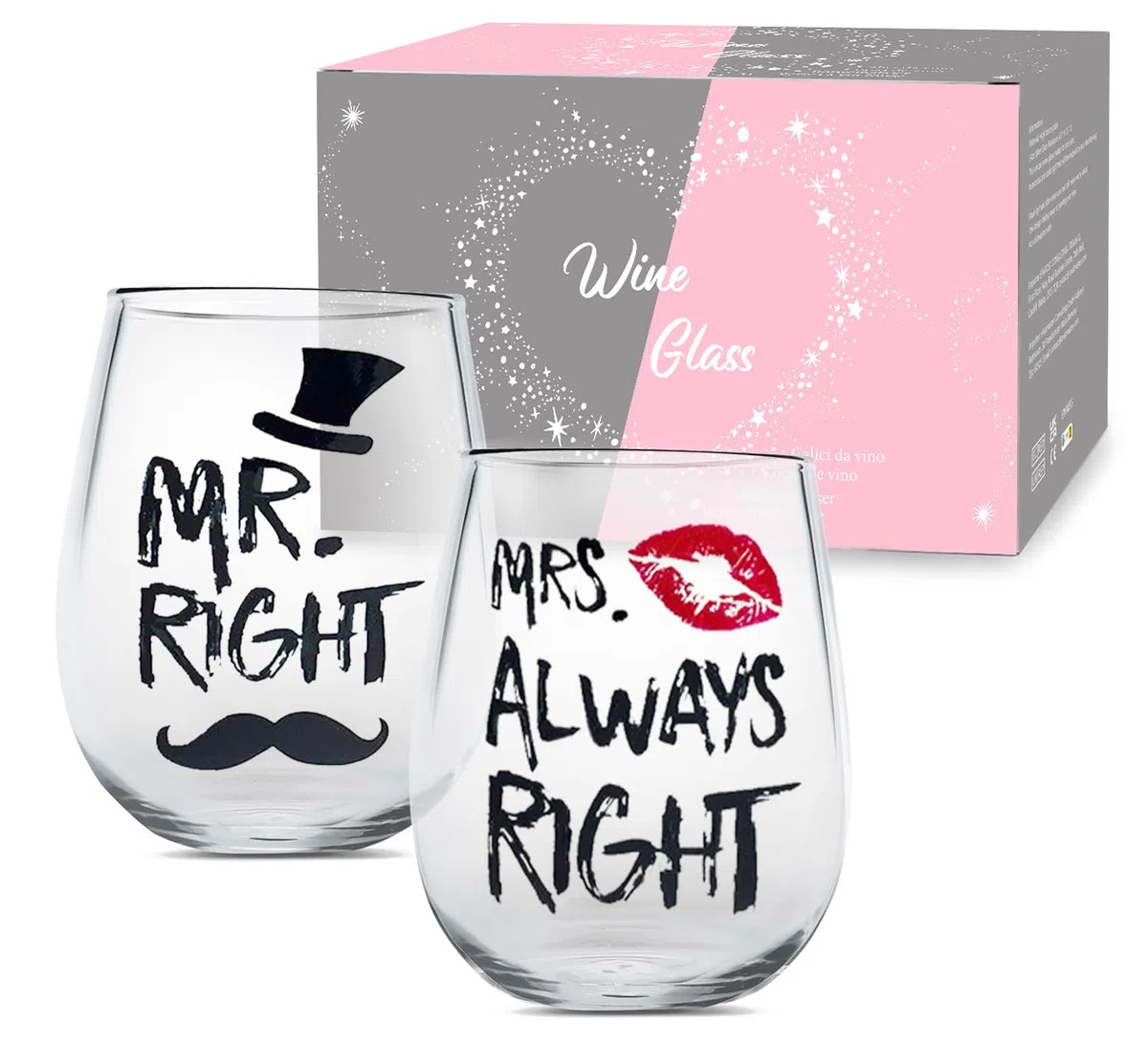 Mr Right e Mrs Always Right bicchieri da vino per coppie, regalo di coppia, regali di nozze per la sposa e lo sposo, regalo di fidanzamento, set di bicchieri da vino senza stelo