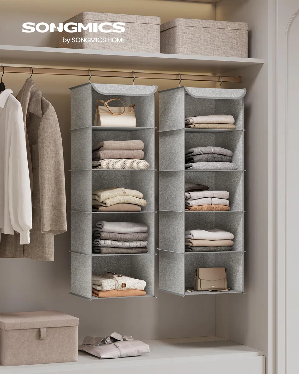 SONGMICS Organizer Armadio da Appendere, Set di 2 Portaoggetti da Appendere, Pieghevole e Salvaspazio, con Ganci in Metallo e Divisori Interni in Bambù, Stampa in Simil Lino, Grigio Chiaro RCH005W02