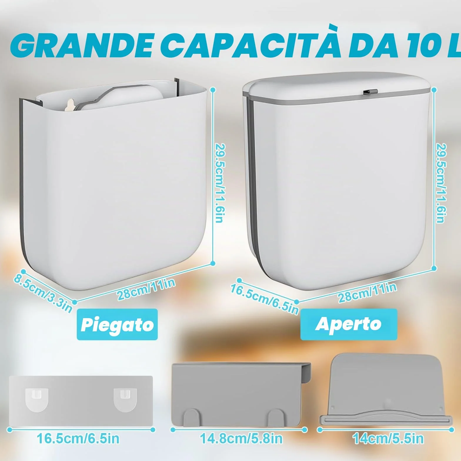 Pattumiera Cucina da Appendere, Pieghevole Secchio Spazzatura Sottolavello Impermeabile 10L con Coperchio, PP+TPA, Pattumiera Estraibile Sottolavello per Cucina Bagno Campeggio Auto Ufficio