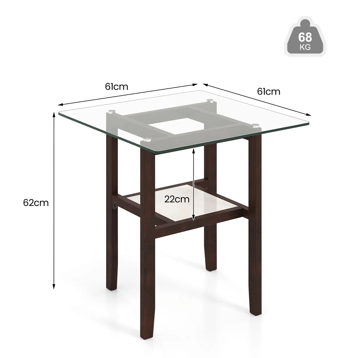 LIFEZEAL Tavolino da Divano, Tavolino Laterale da Caffè, da Soggiorno, in Legno Massello e Vetro Temperato, a 2 Ripiani, Vintage, Basso, Max 68 kg, 61x61x62 cm, Montaggio Semplice, Marrone Rustico